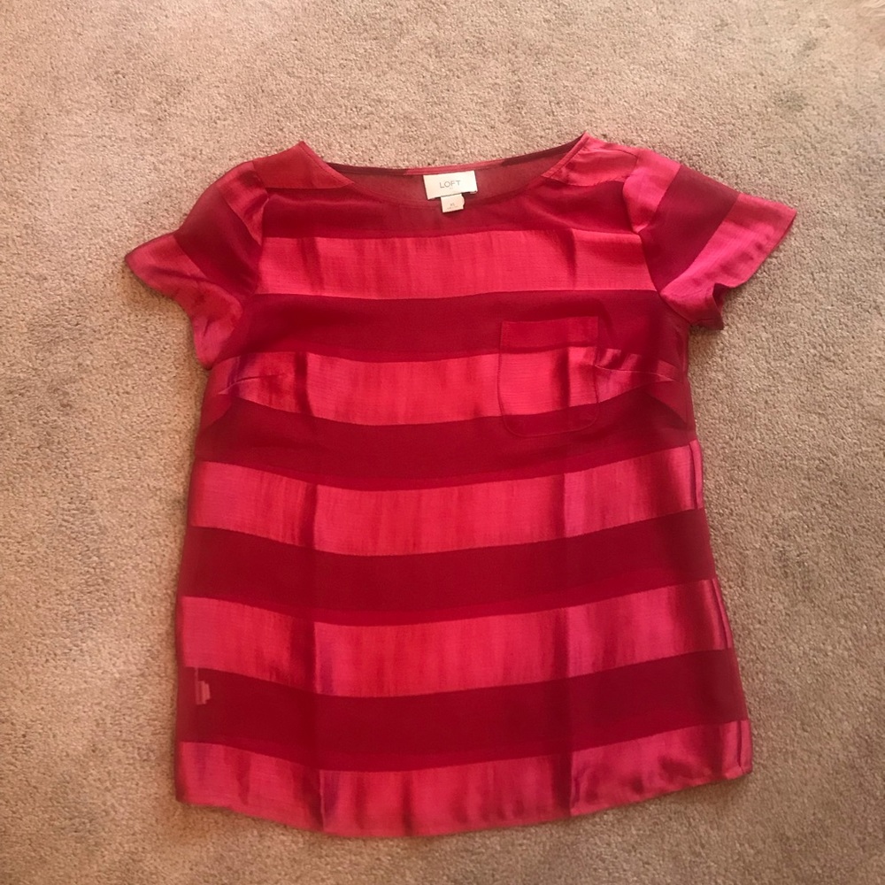 Loft Red Striped Short Sleeve Blouse Top Sz XS